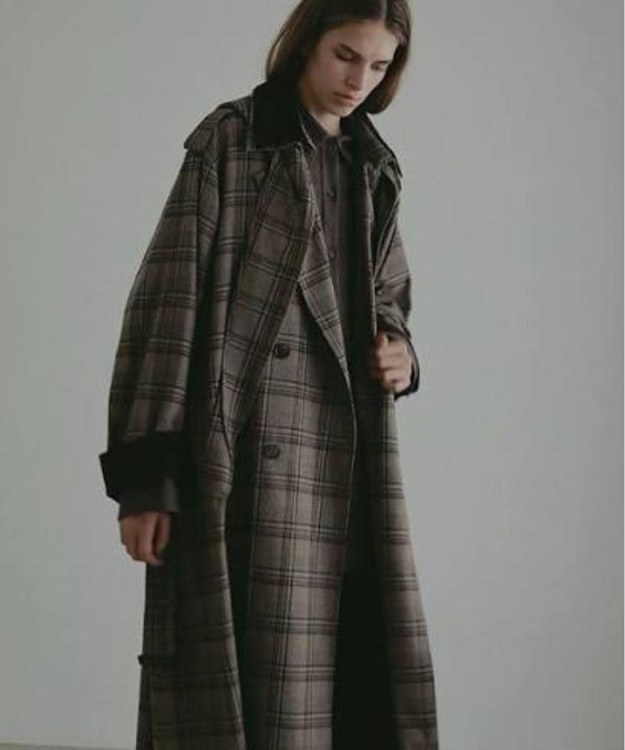 新品未使用　ETRETOKYO フードストールロングトレンチコート チェック　M