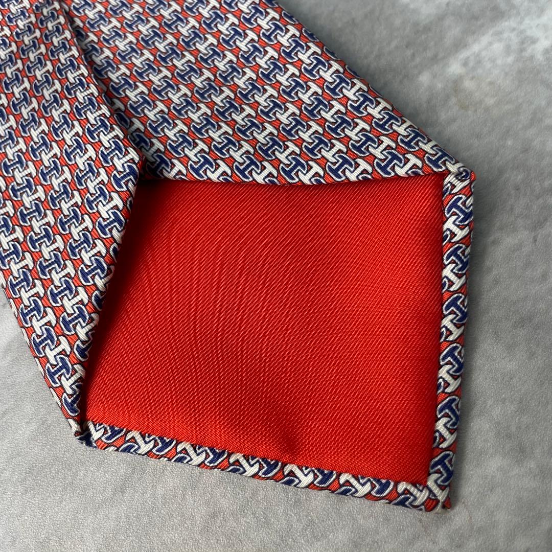 美品 HERMES エルメス H柄 総ロゴ ネクタイ オレンジ 白 紺