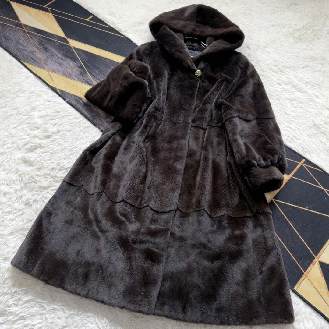 着丈104/激レアデザイン◎ ティアード/フード ロングファーコート 毛皮 XL
