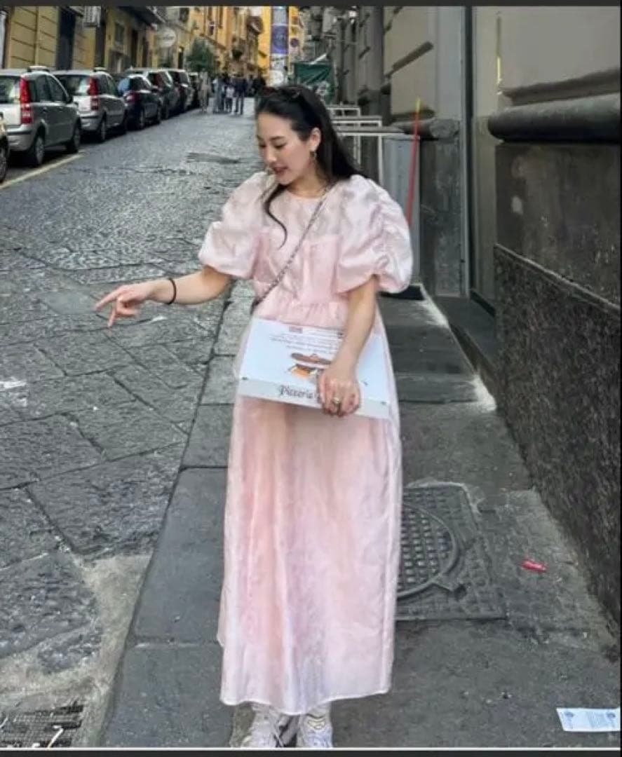 ANDRESD バブルスリーブジャガードドレス Mサイズ ピンク