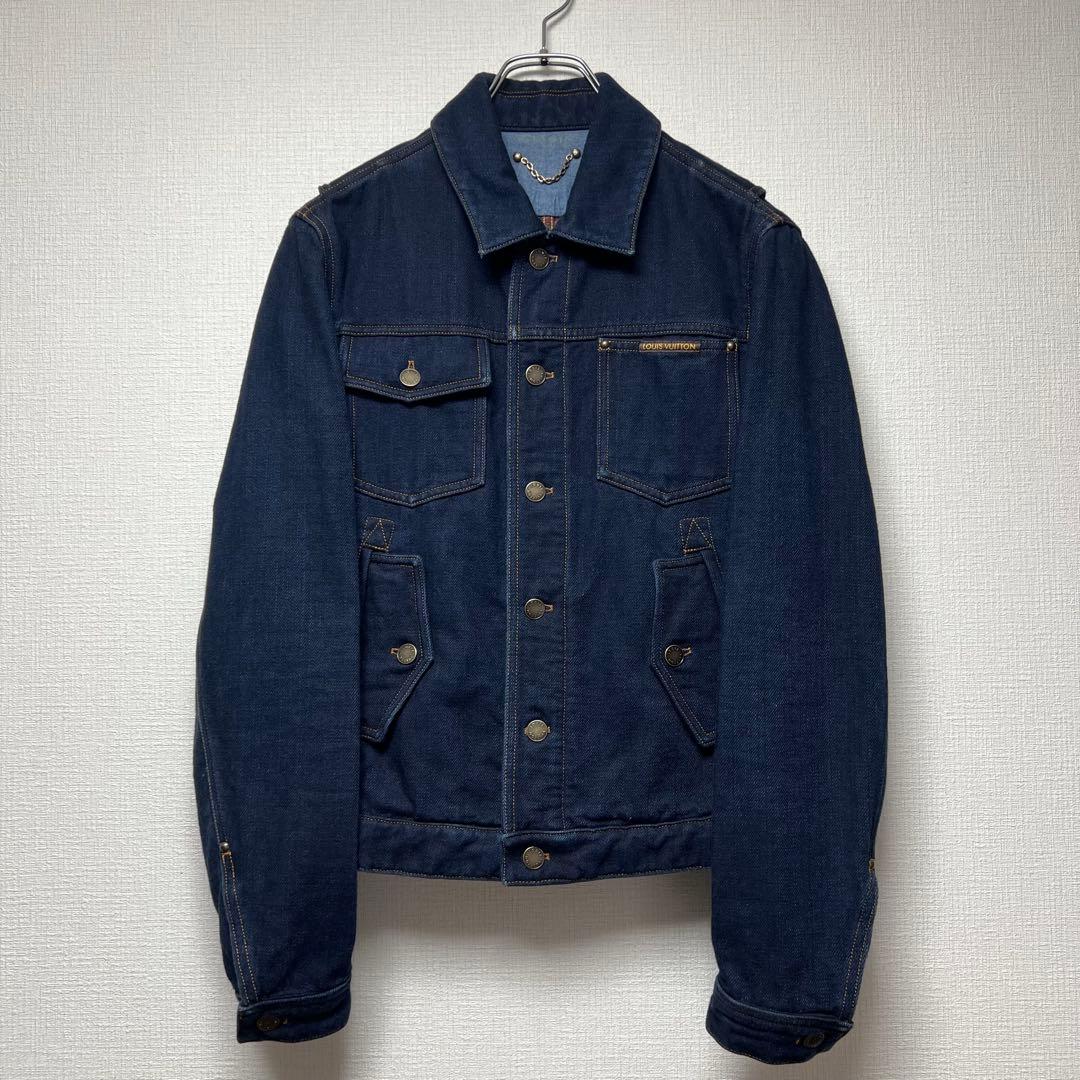 【濃紺／ロゴパッチ】ルイヴィトン デニムジャケット ブルゾン レザー装飾 44