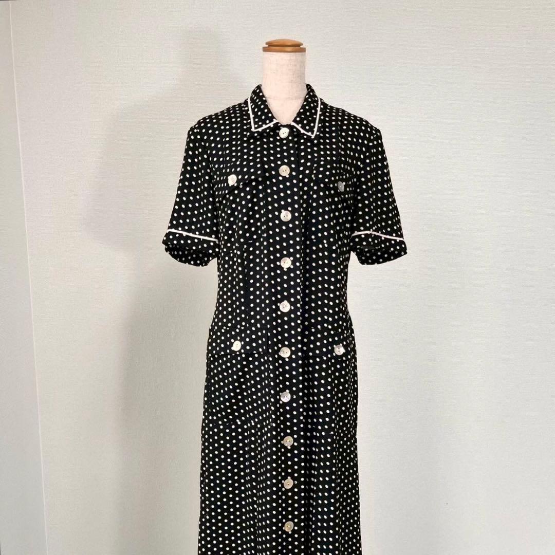 総柄 ドット柄 シェルボタン 前ボタン ロングワンピース ブラックY909